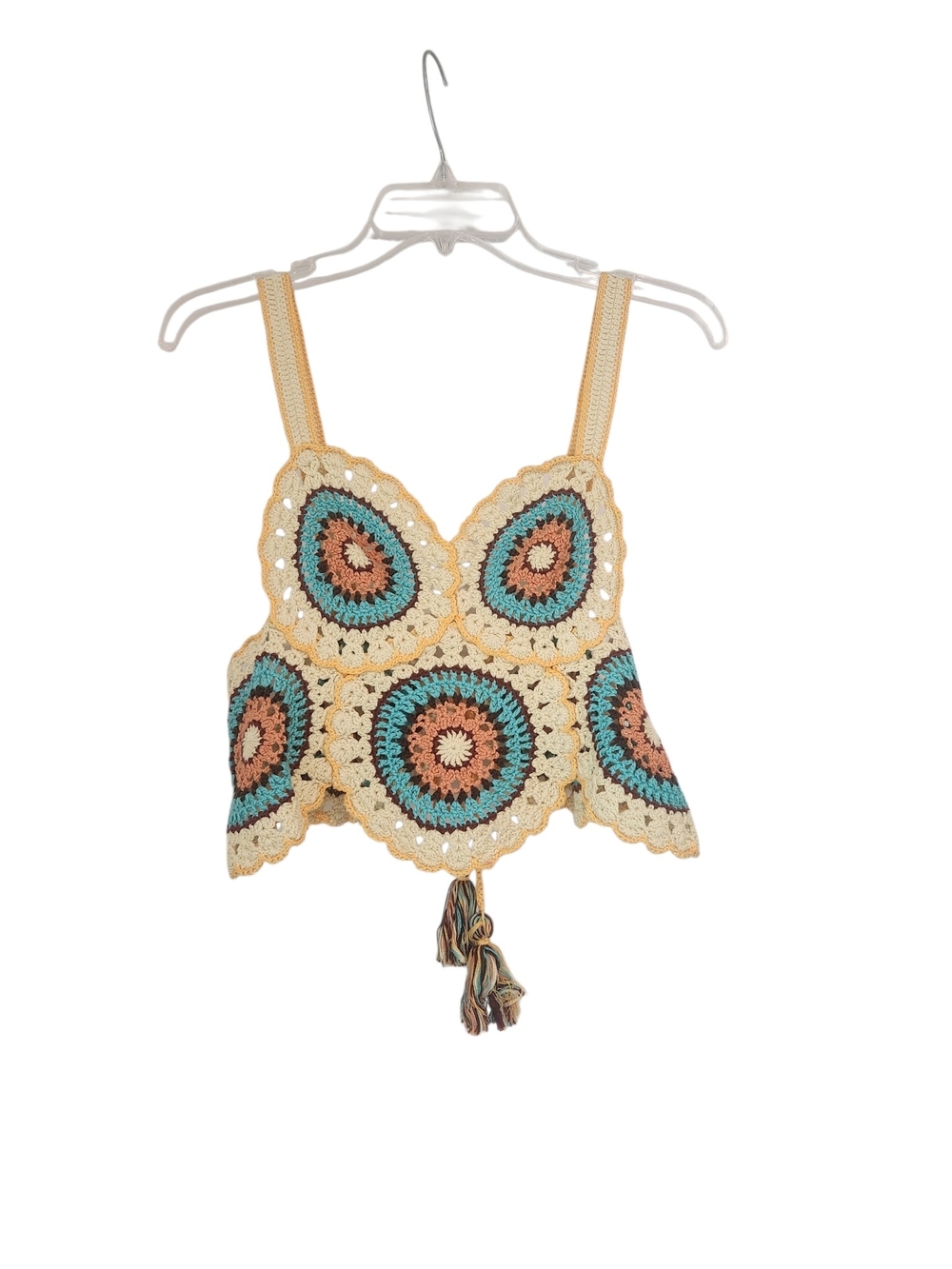 Ulla Johnson Handmade 100% Cotton Crochet Crop Camisole in Cream, Teal & Rust
